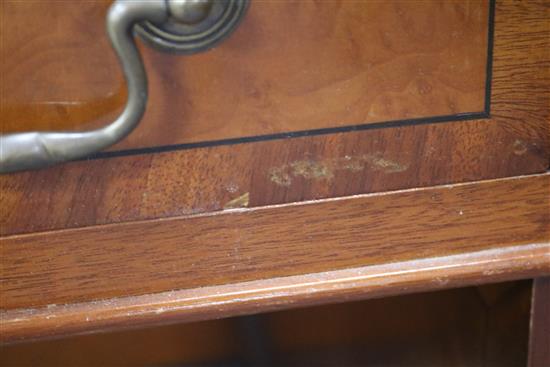 A Georgian style banded yew pedestal desk inset red/brown skiver W.152cm